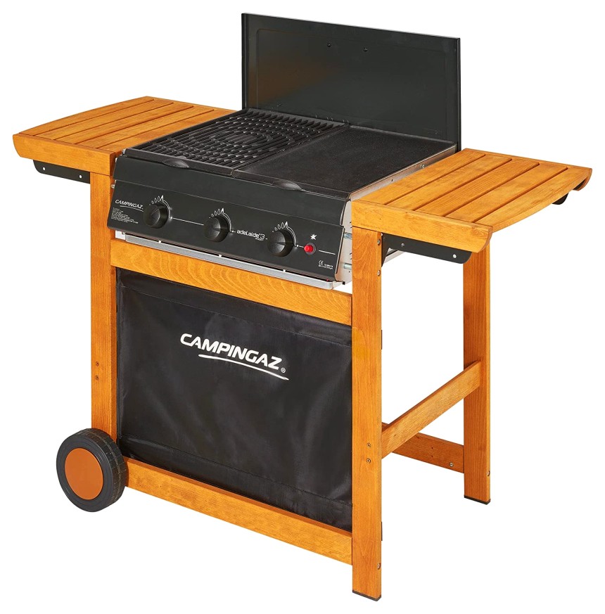 Barbecue a gas CAMPINGAZ Adelaide 3 Woody con 3 bruciatori in ghisa da 14 kW, carrello in legno d'acacia