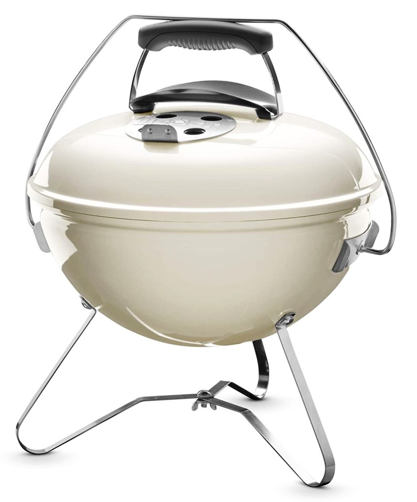 Barbecue portatile a carbone WEBER Smockey Joe economico, colore bianco avorio, con griglia in acciaio cromato da 37 cm, per picnic, campeggio o scampagnate all'aria aperta