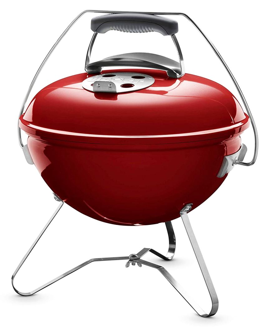 Barbecue portatile a carbone WEBER Smockey Joe economico, colore rosso antracite, con griglia in acciaio cromato da 37 cm, per picnic, campeggio o scampagnate all'aria aperta